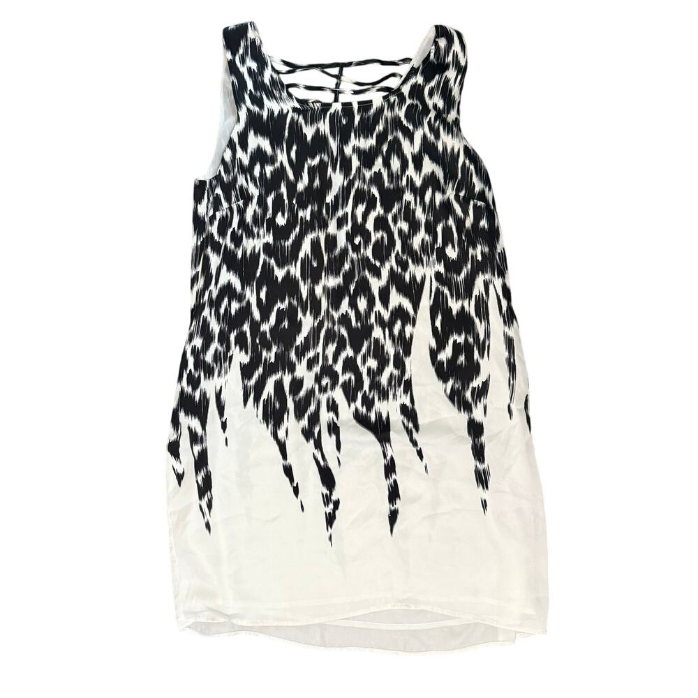 Apostrophe Ikat‎ Leopard Shift Dress Modern Womens Large Black White Cage Back